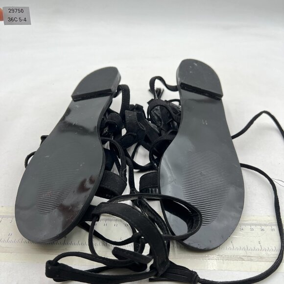 YDN Black Sexy Knee High Lace up Flats Fringe Low Heel Gladiator Strap Sandals - Picture 7 of 8